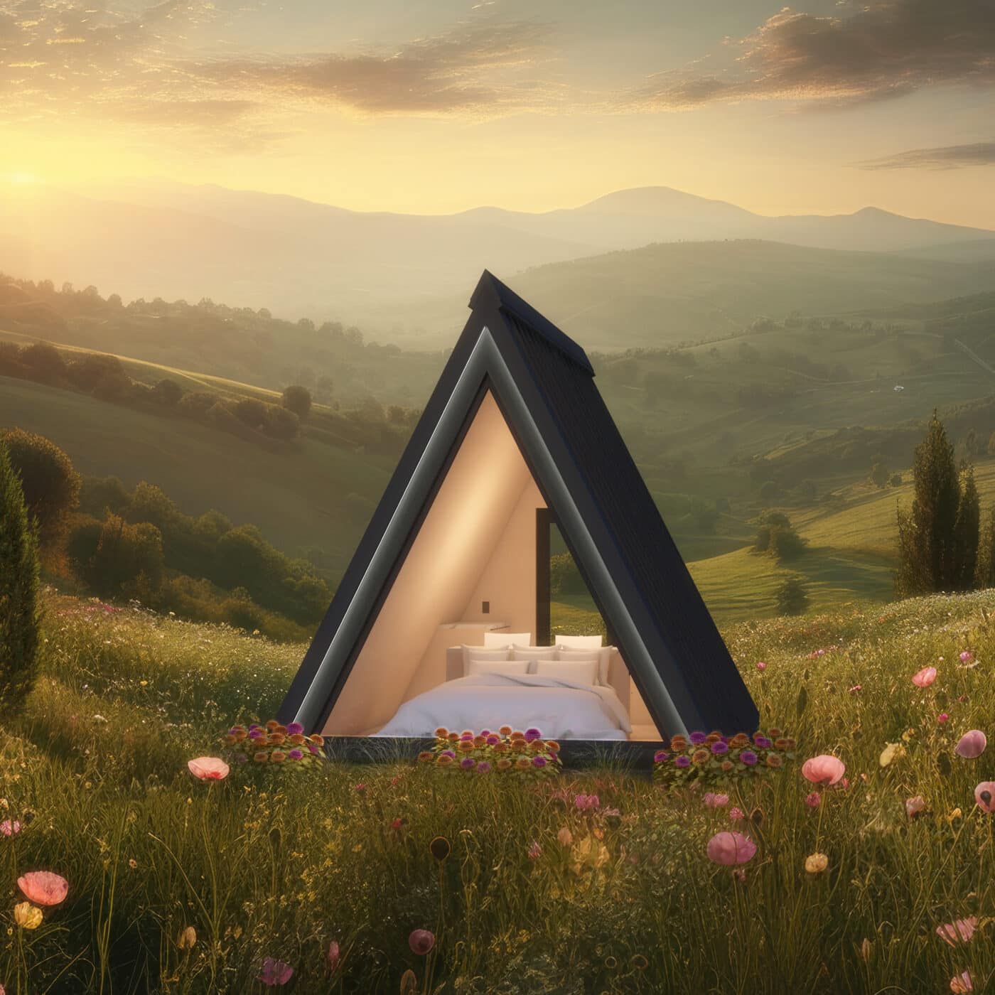 Beautiful panoramic landscape of a green hills with spring flowe