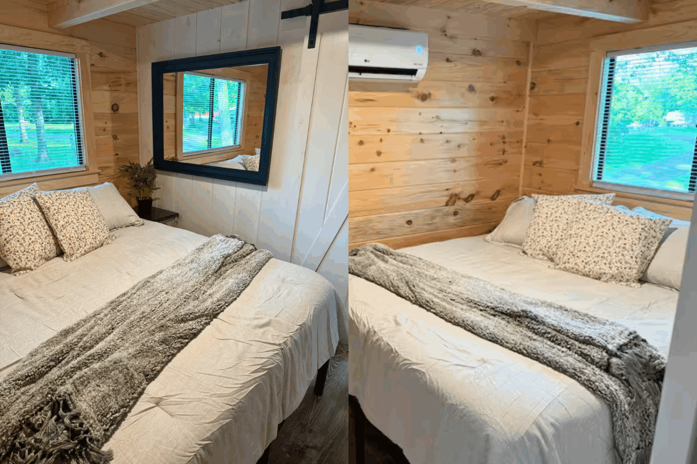 main bedroom of Pinecrest park model tiny home at Red Run Resort site 66 in New Holland Pa