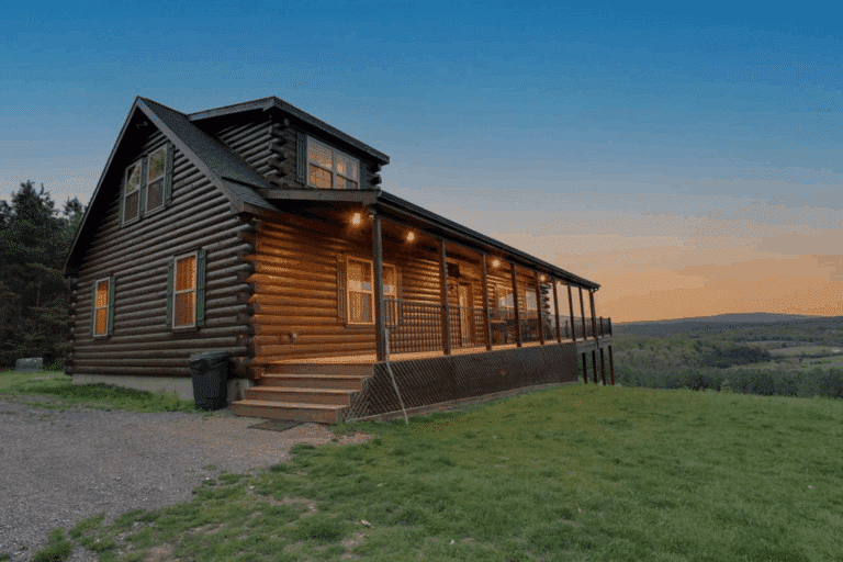 front porch of mountaineer deluxe log cabin in Warfordsburg Pa built and designed by Psy Homes