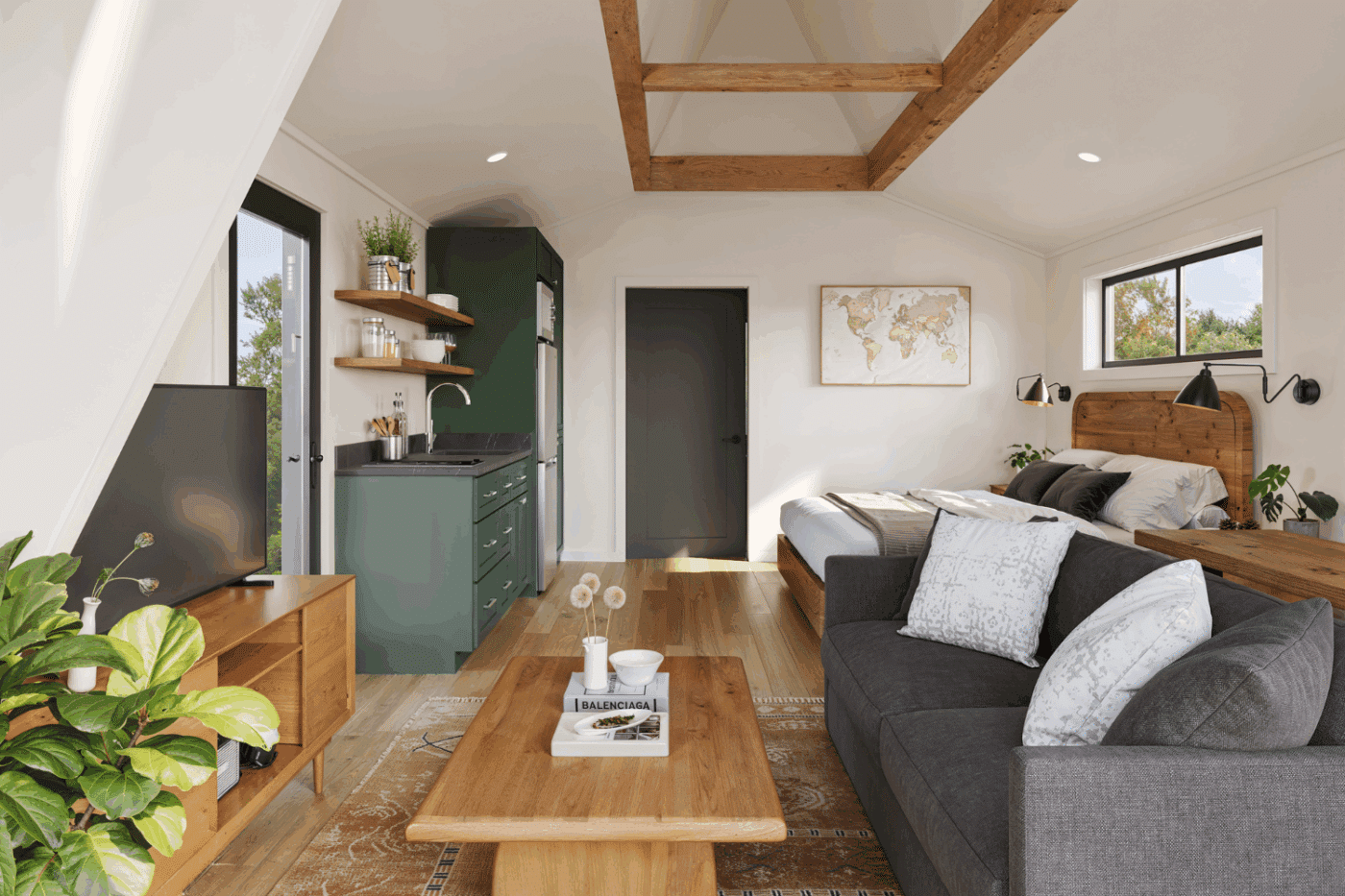 livingroom to bedroom sleeping area of A frame cottage modular tiny home