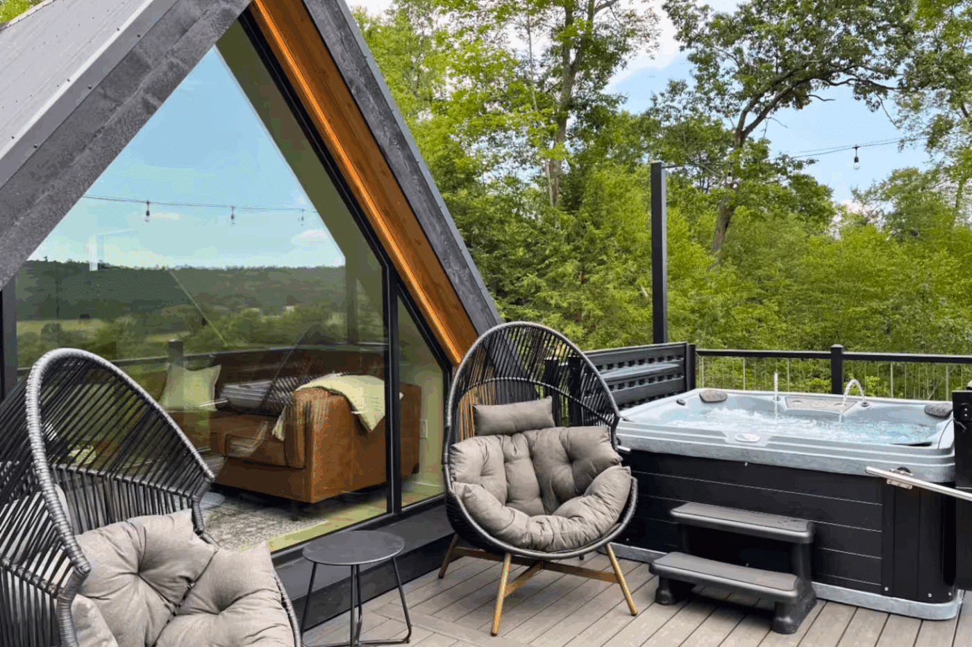 Hot tub and lookout area of A Frame Studio Park Model in Shippenville pa built and designed by Psy Homes