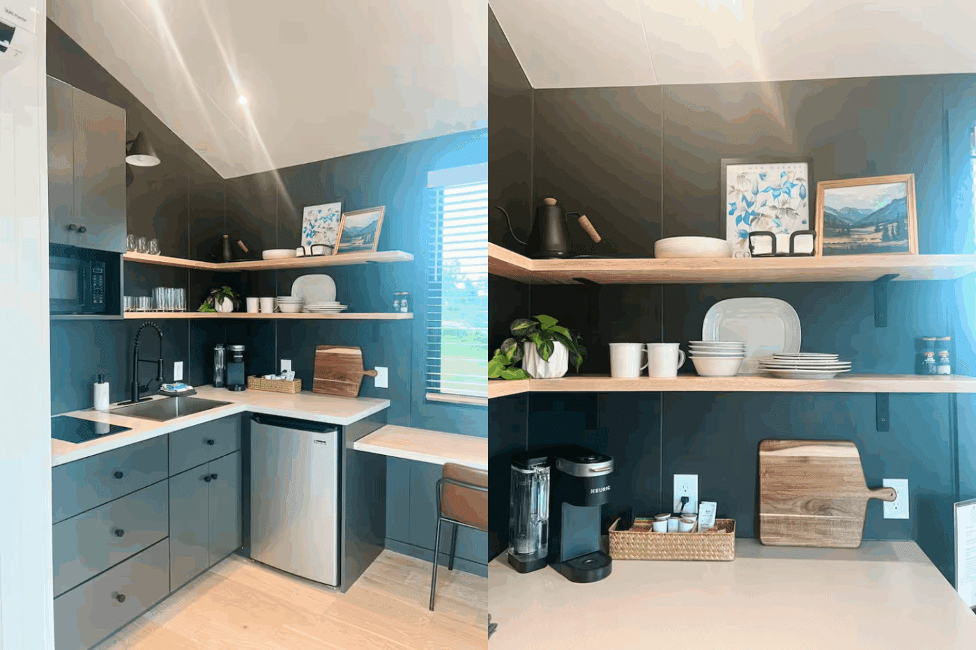 kitchen area of A frame park model tiny home in Cañon City Colorado in Royal Gorge RV Resort Peakview 2