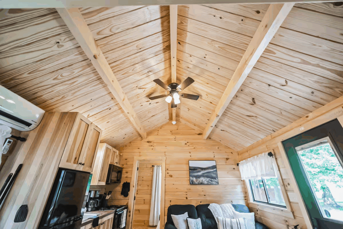 Cathedral ceiling in living room or Pinecrest park model tiny home built and designed by Psy Homes in Strasburg Pennsylvania