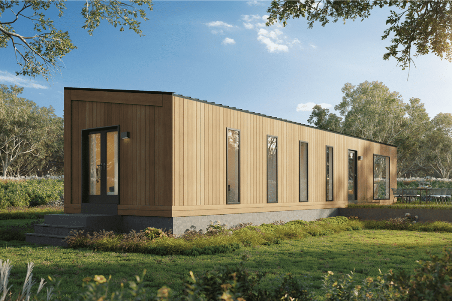 rear view of the luna ADU with multiple large windows wood paneling and multiple entryways