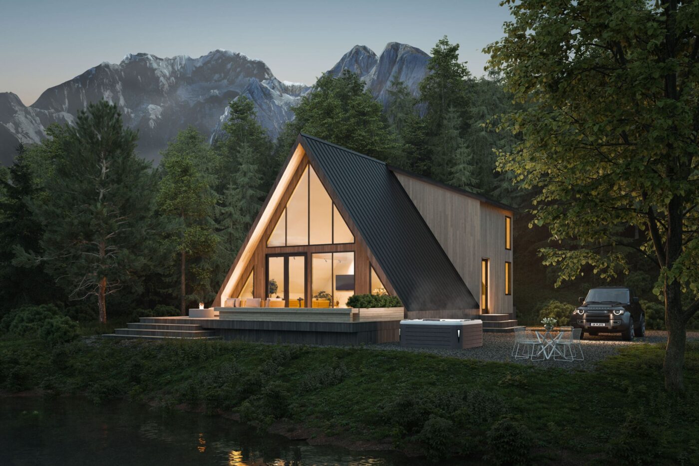 a frame modular peak modern cabin in Tennessee