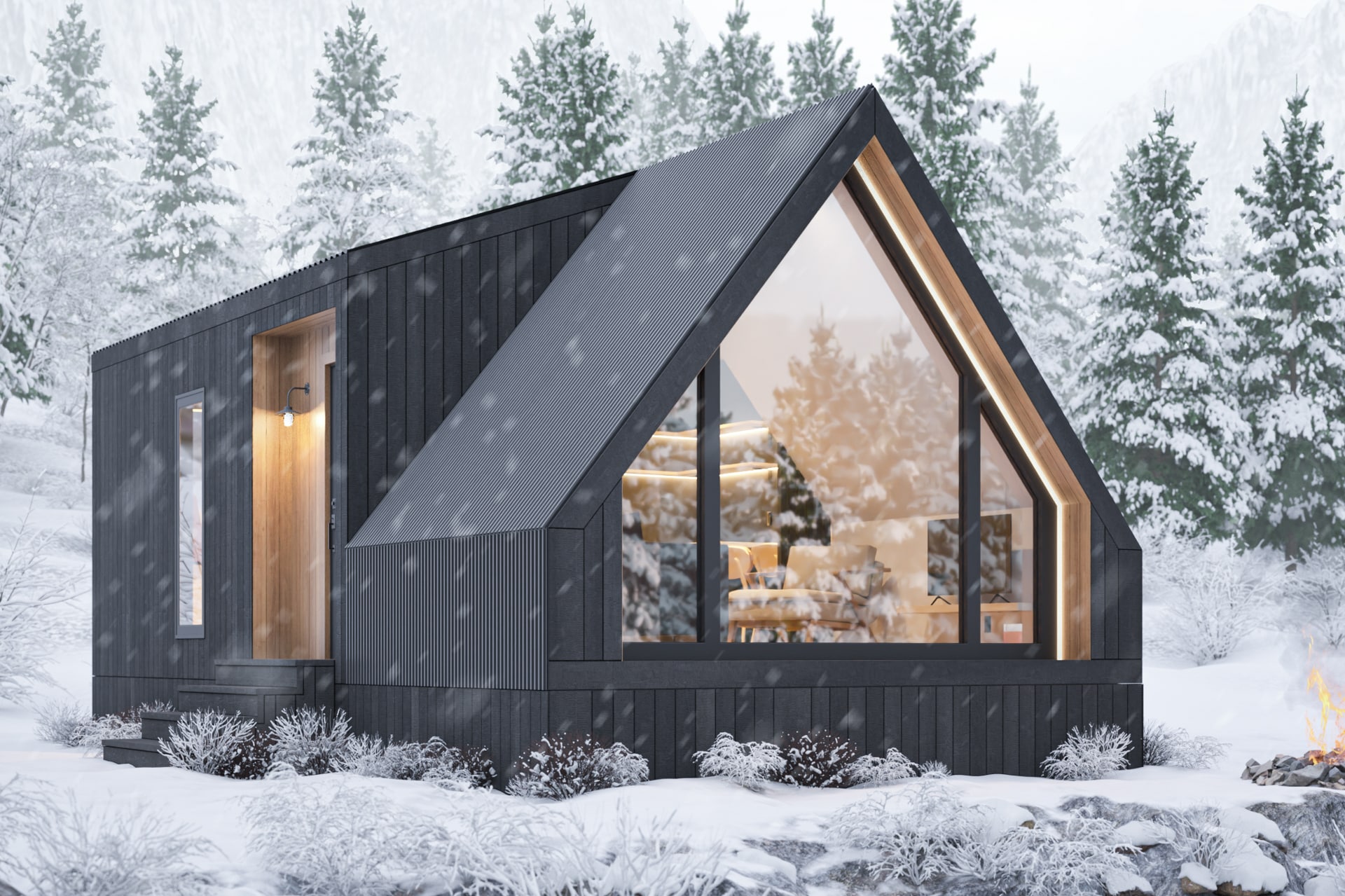 Modern A-frame tiny home with a black exterior and large glass windows, surrounded by snow-covered trees in a serene winter landscape