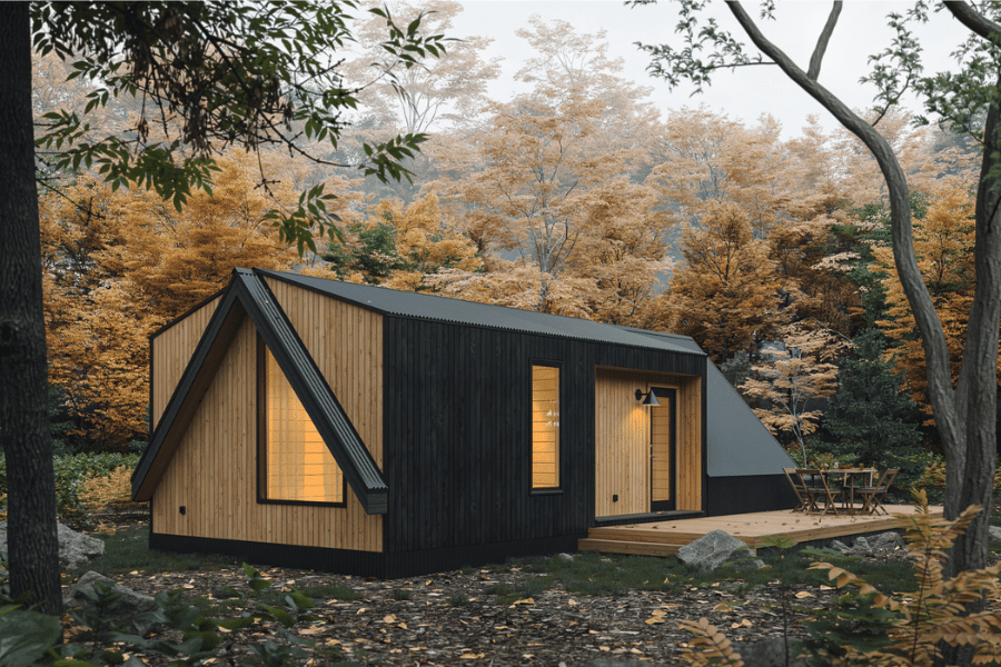 exterior of a black and wood paneled A frame ADU in woods with fall foliage