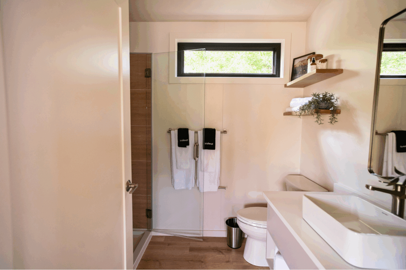 Walk in shower of Zook cabins Sonoma park model tiny home Red Run Resort at site 107 in New Holland pa