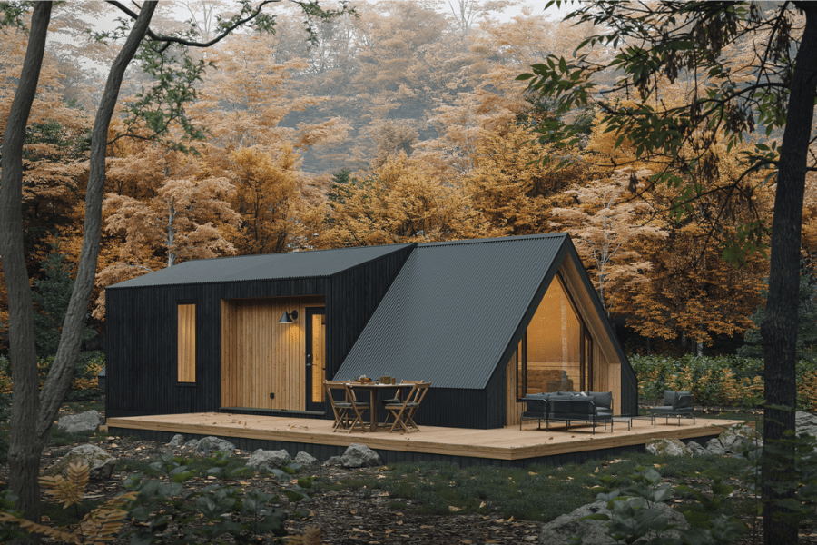 black multi bedroom A frame ADU with front porch in woods with fall foliage
