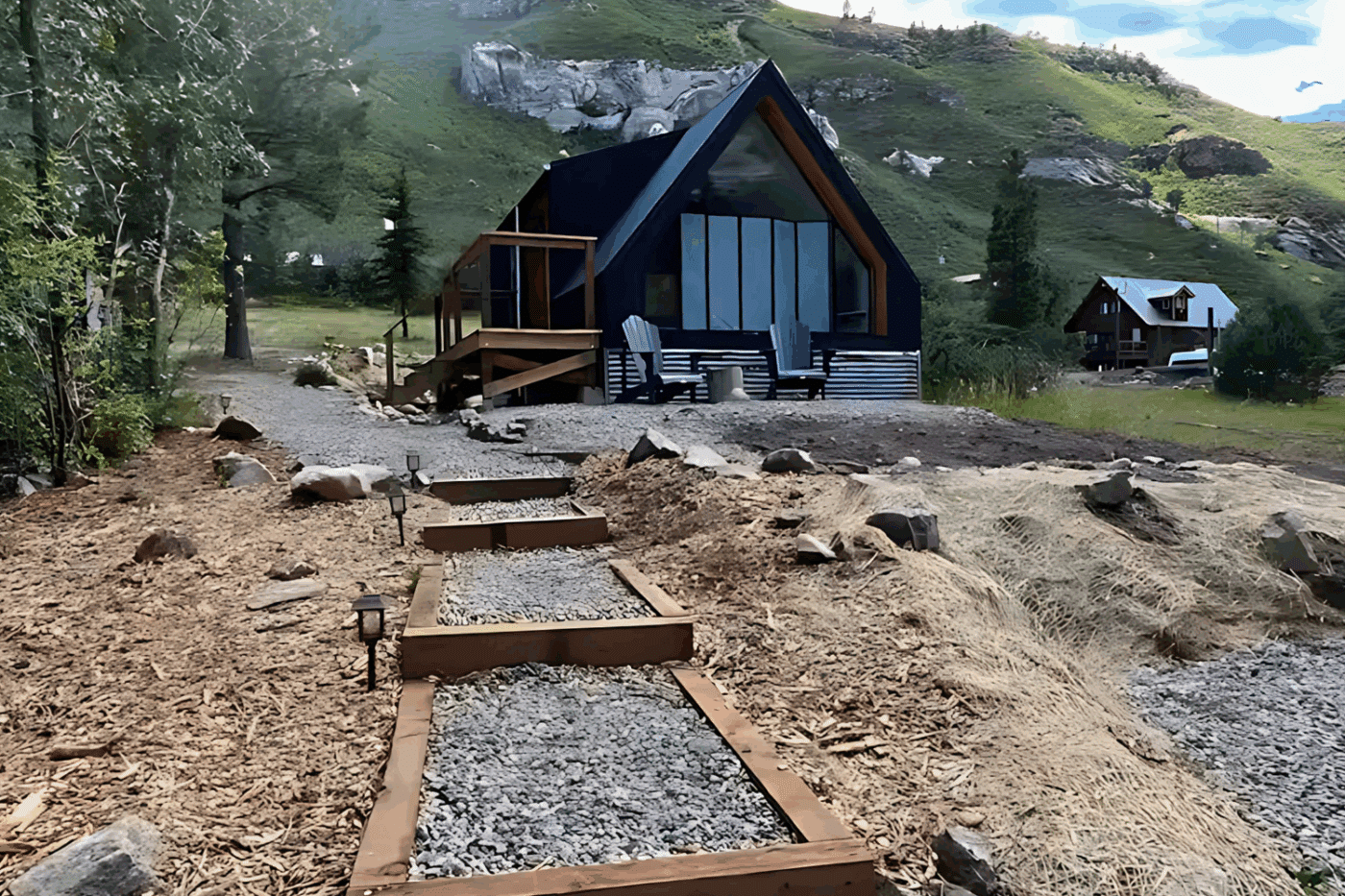 outdoor hospitality area of A frame park model tiny home in Durango Colorado built and designed by Psy Homes