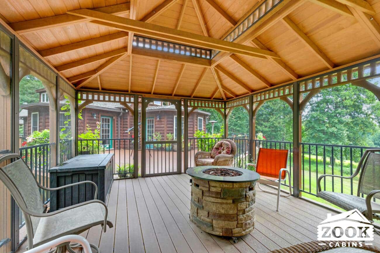 screened in deck by prefab log home