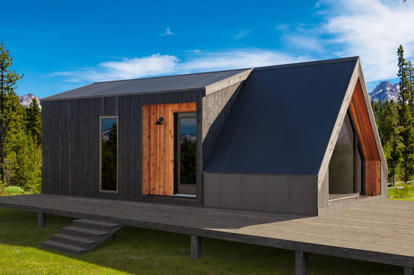 gray and wooden A frame style park model on wood foundation in accordance with tiny home regulations in California