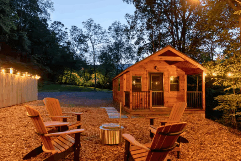 front porch of studio log park model tiny cabin in James creek pa studio 2