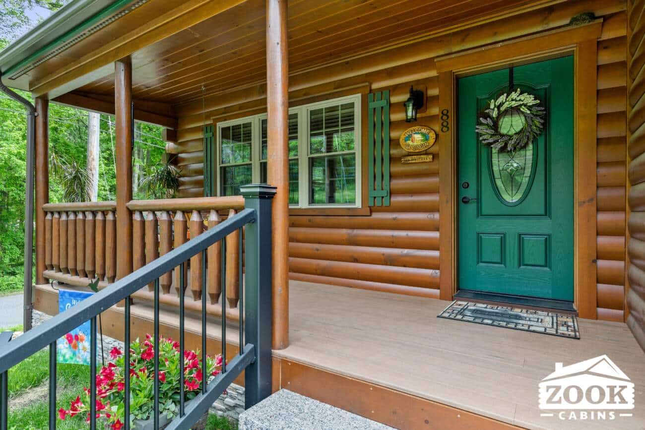 Front porch 26x44 Frontier Log Cabin in Monson MA