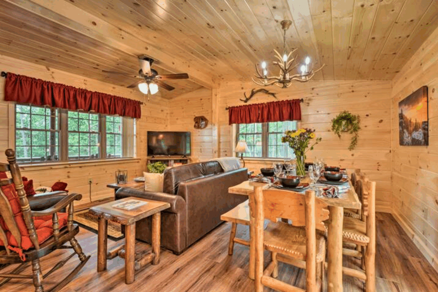 Frontier log cabin built and designed by Psy Homes with large dining area in hardy county west virginia