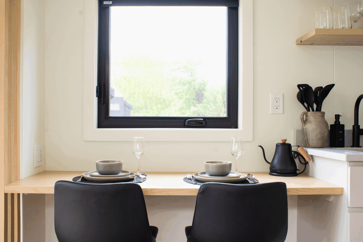 Dining area of A frame studio park model tiny home site 137 at Red Run Resort in New Holland Pa