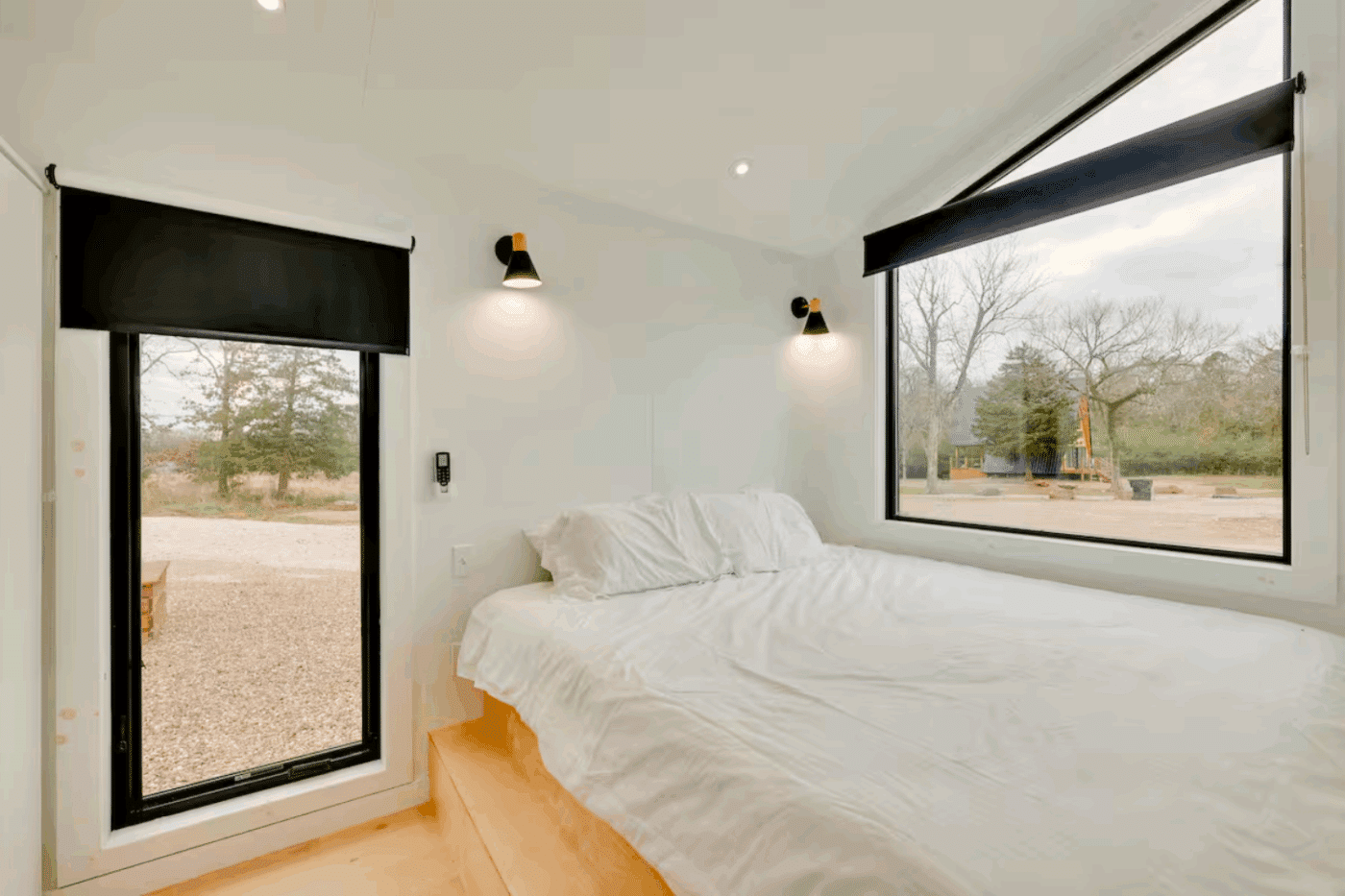 a frame park model tiny home bedroom in Broken Bow Ok