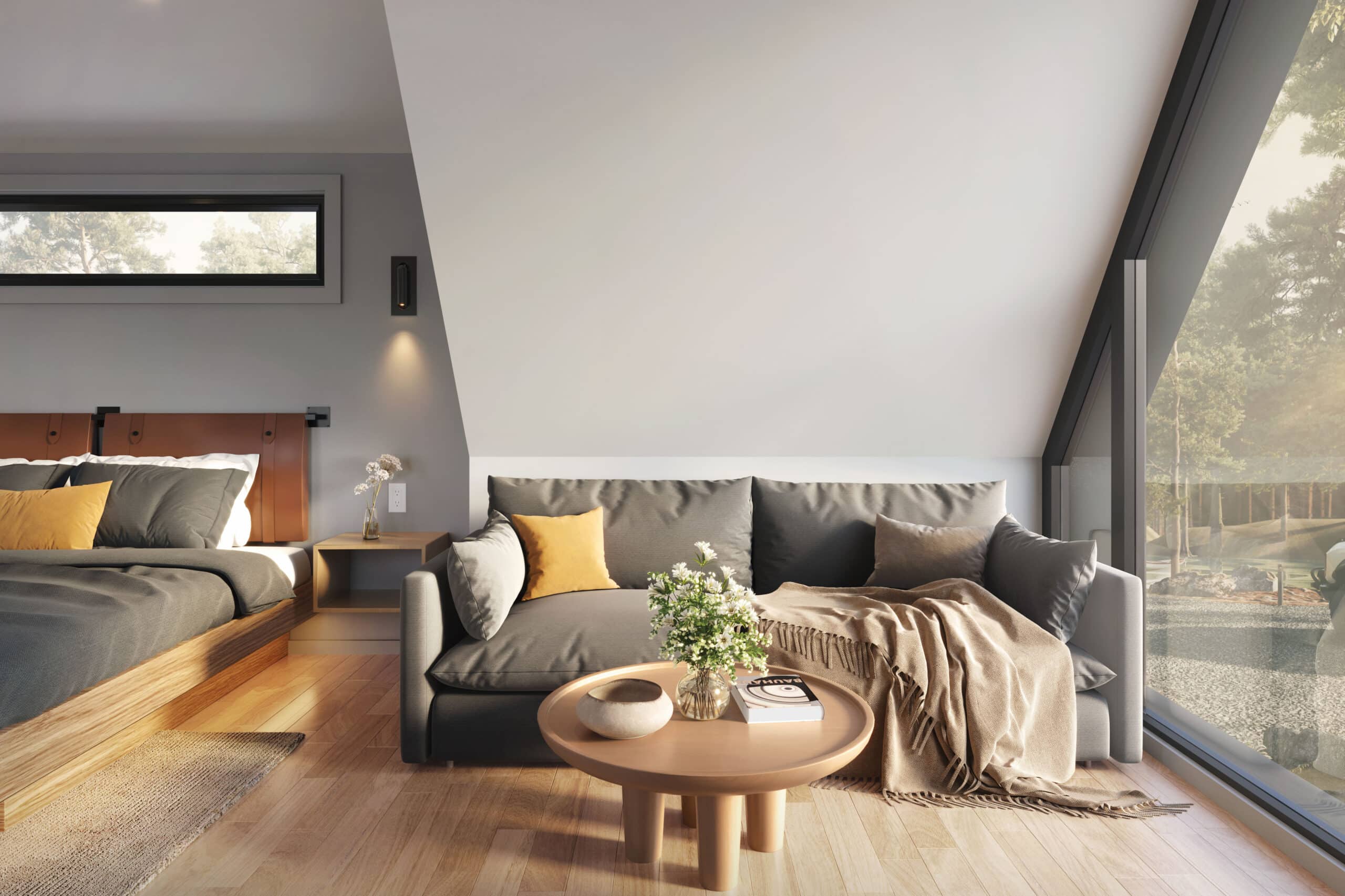 Cozy interior of a modern A-frame tiny home featuring a bed, a comfortable sofa, a round wooden coffee table, and large glass windows with natural light.