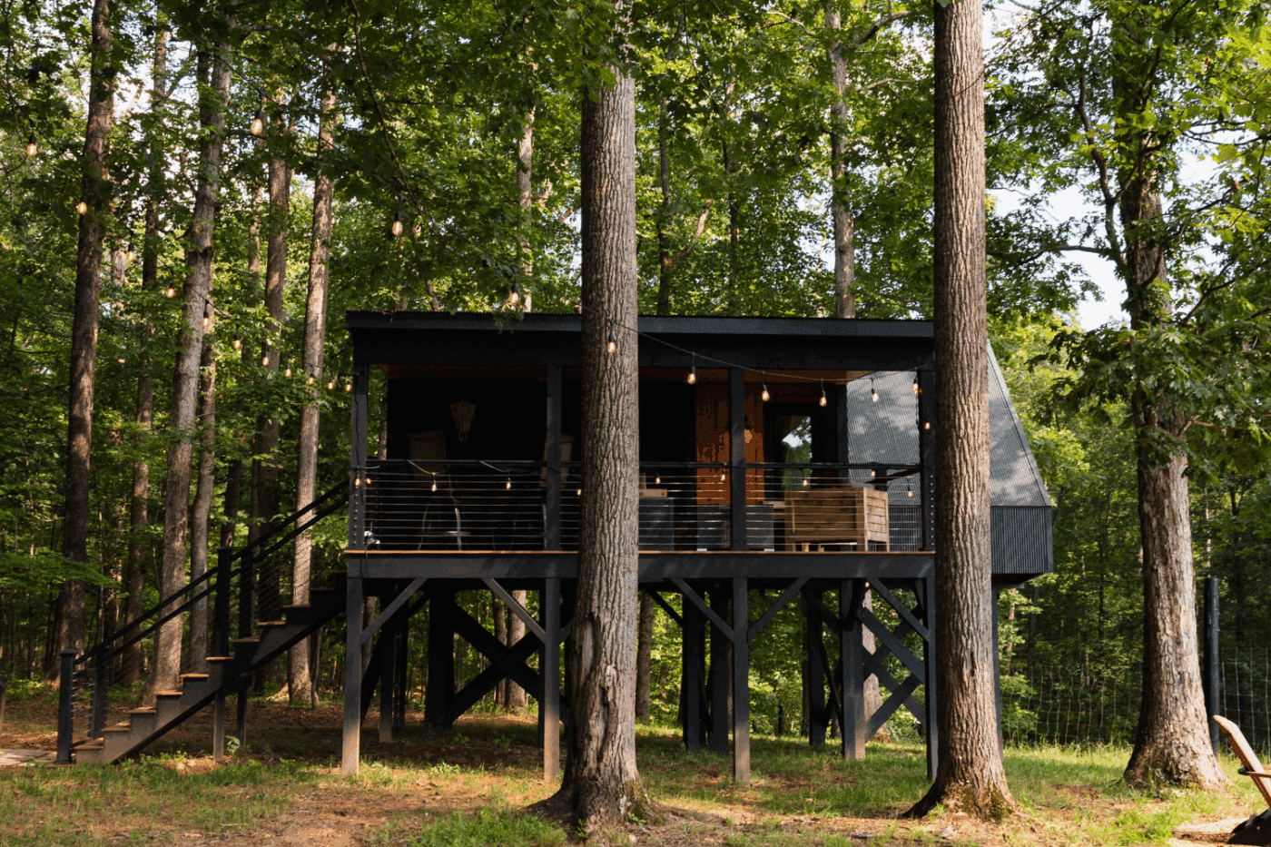 outdoor hospitality area of A frame park model tiny in Culpeper Va Sky