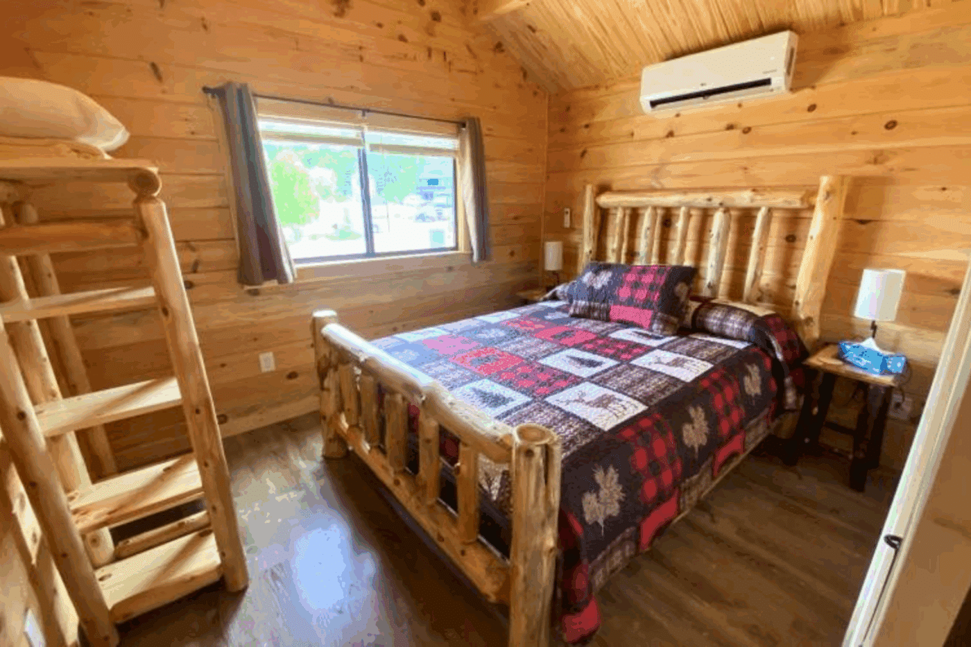 master bedroom of Aspen 3 park model tiny home at Keweenaw Water Resort In Michigan UP