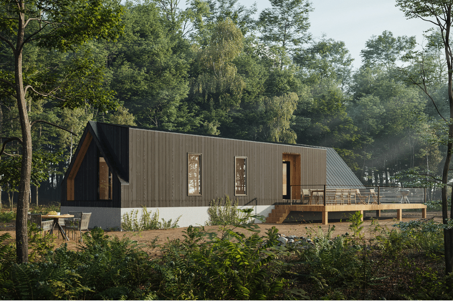 back side of a black 2 bedroom a frame adu with a back porch