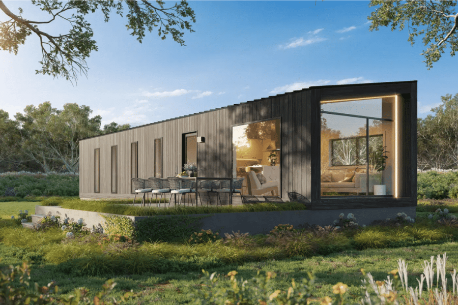 2 bedroom Luna ADU with black siding on concrete foundation