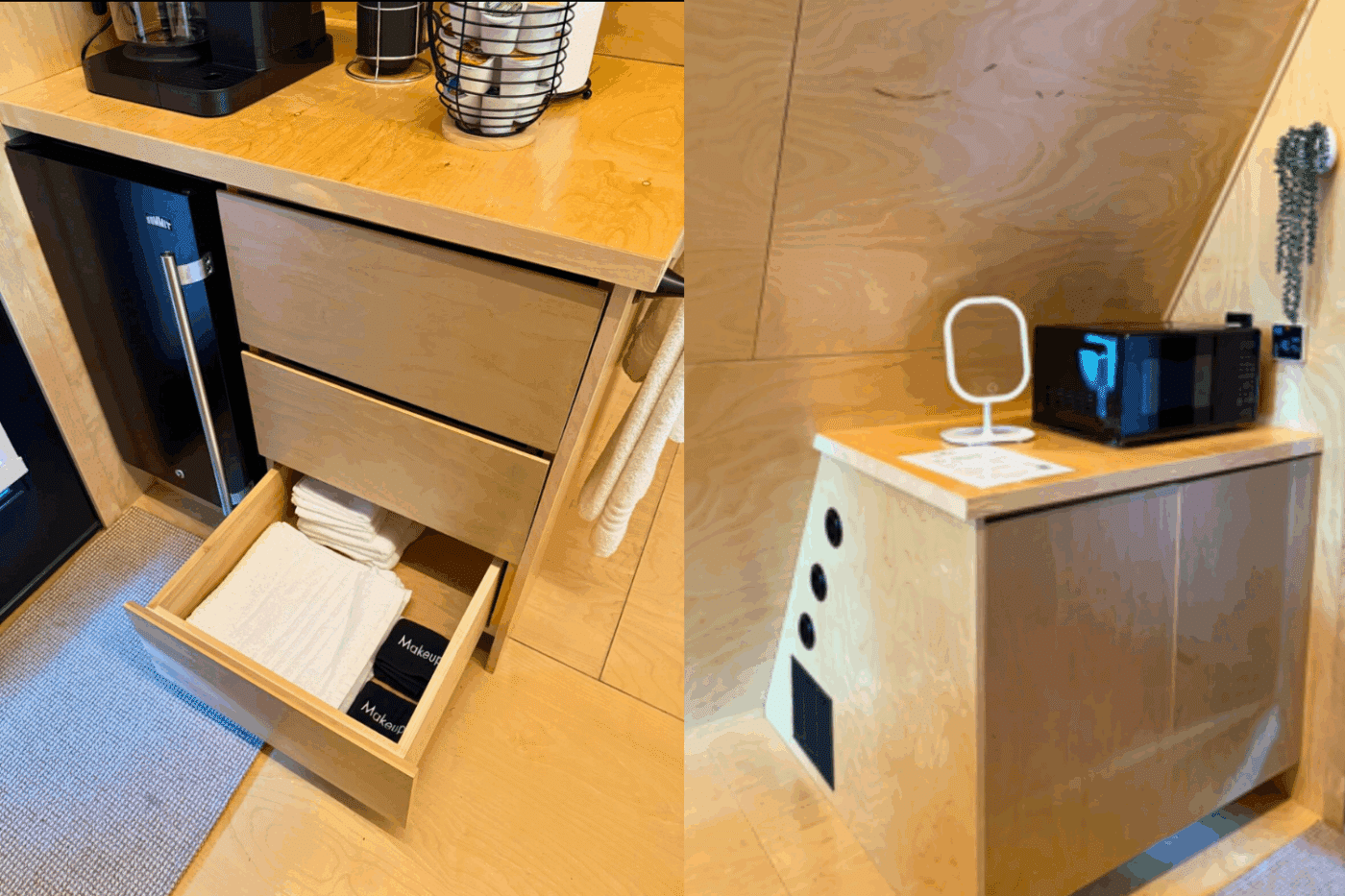 kitchenette area of Vista glamping pod at site 29b greene hills family amd resort campground in Alexandria Pa