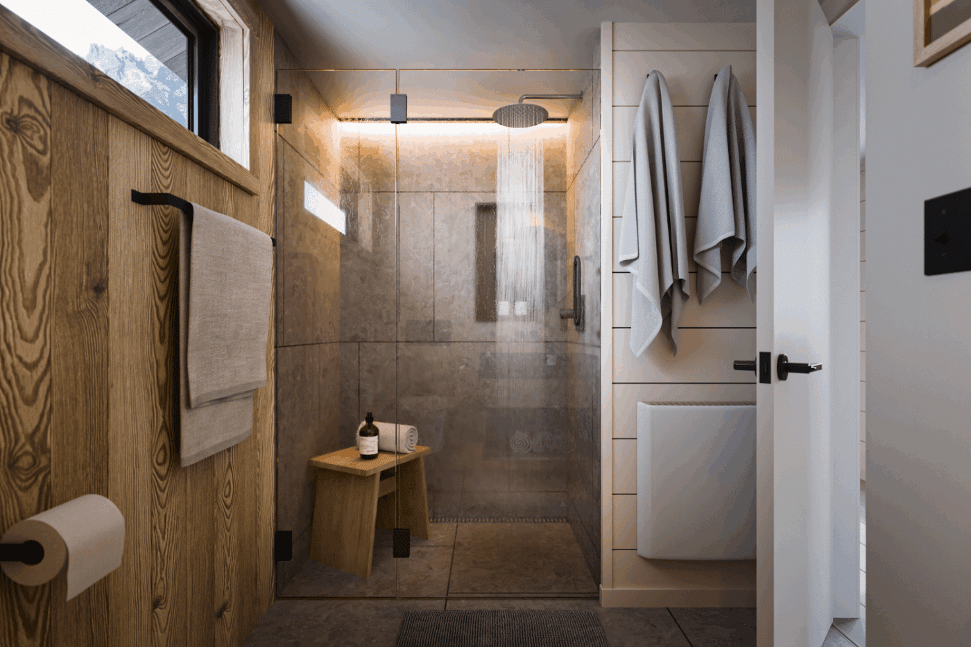 walk in shower in bathroom in of Yukon park model tiny home designe dby Zook cabisn built by Zook Built