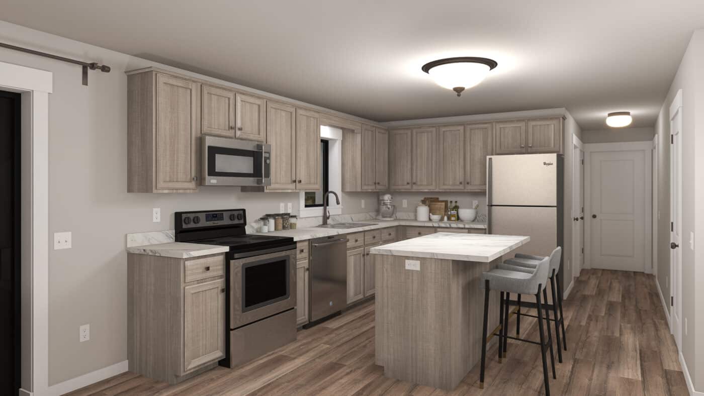 kitchen interior shot of a modern cabin cooking area for sale by amish builders