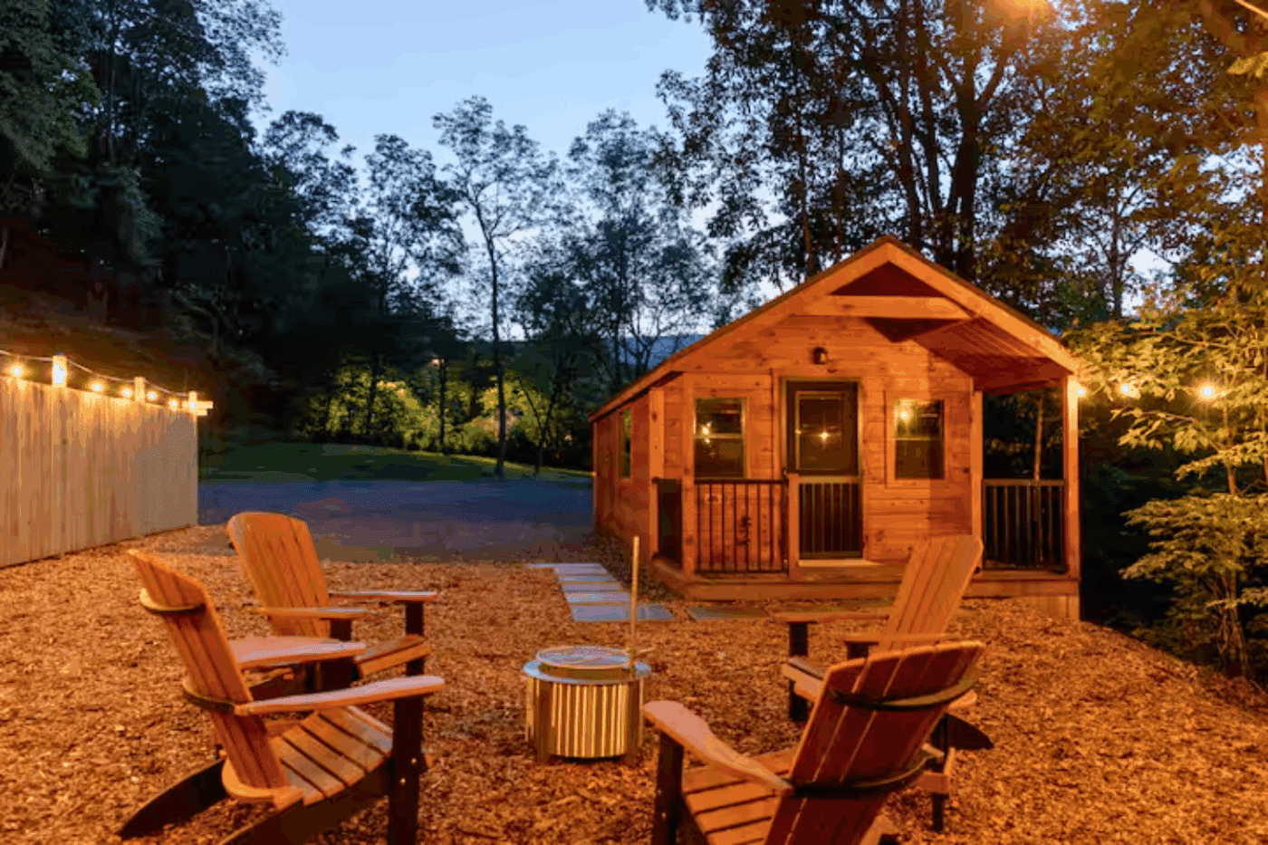 front porch of studio log park model tiny cabin in James creek pa studio 2