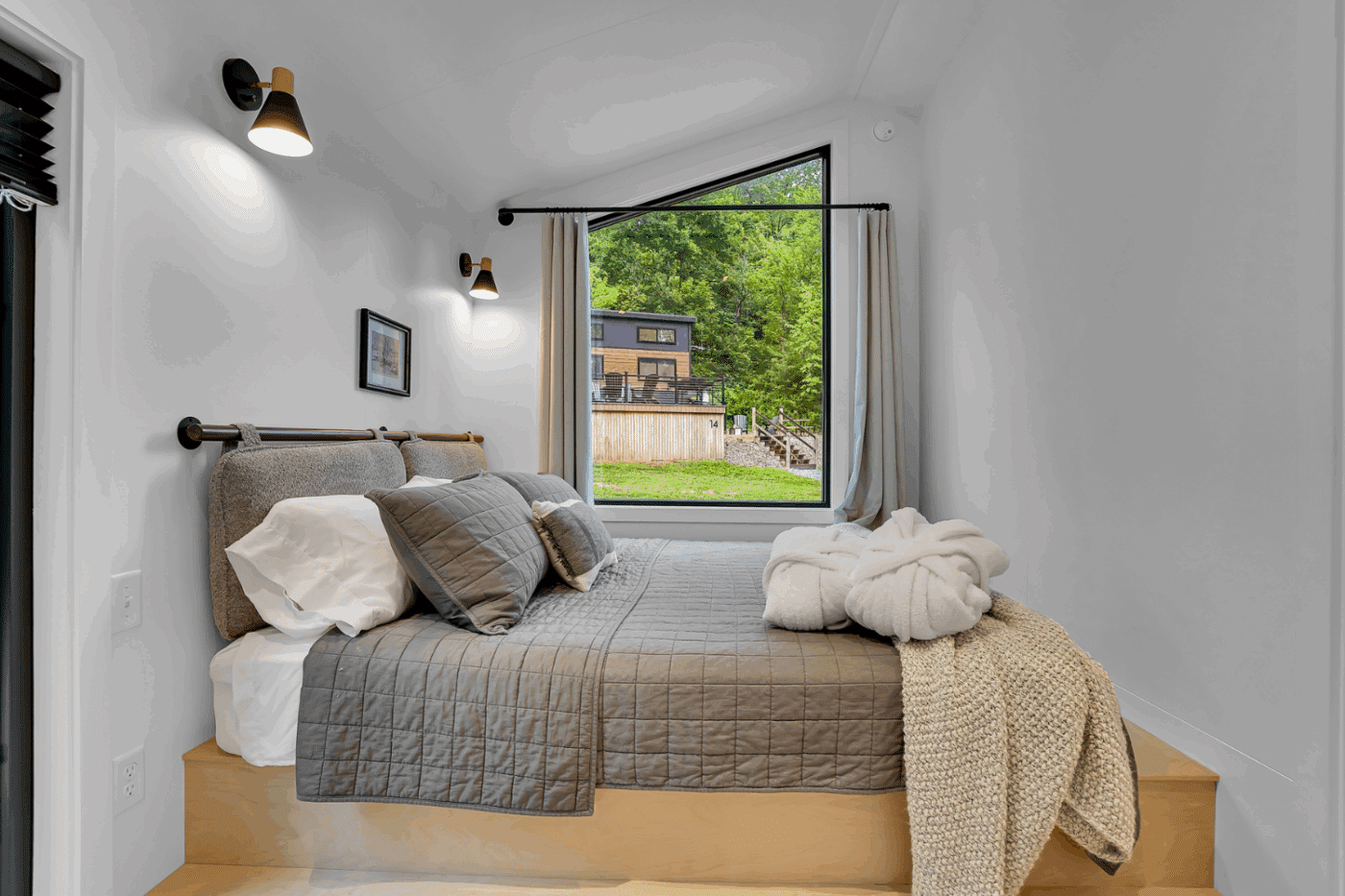 Bedroom of A Frame park model tiny home in Alexandria Pa Greene Hills Resort and Campground at site 16