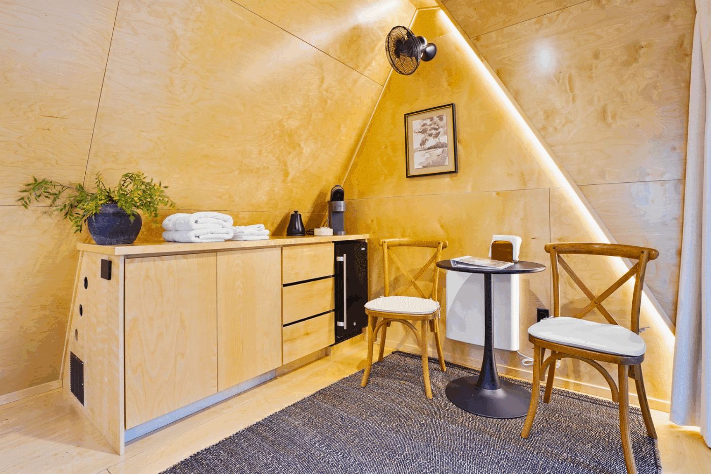 kitchenette area of custom built a frame glamping pod