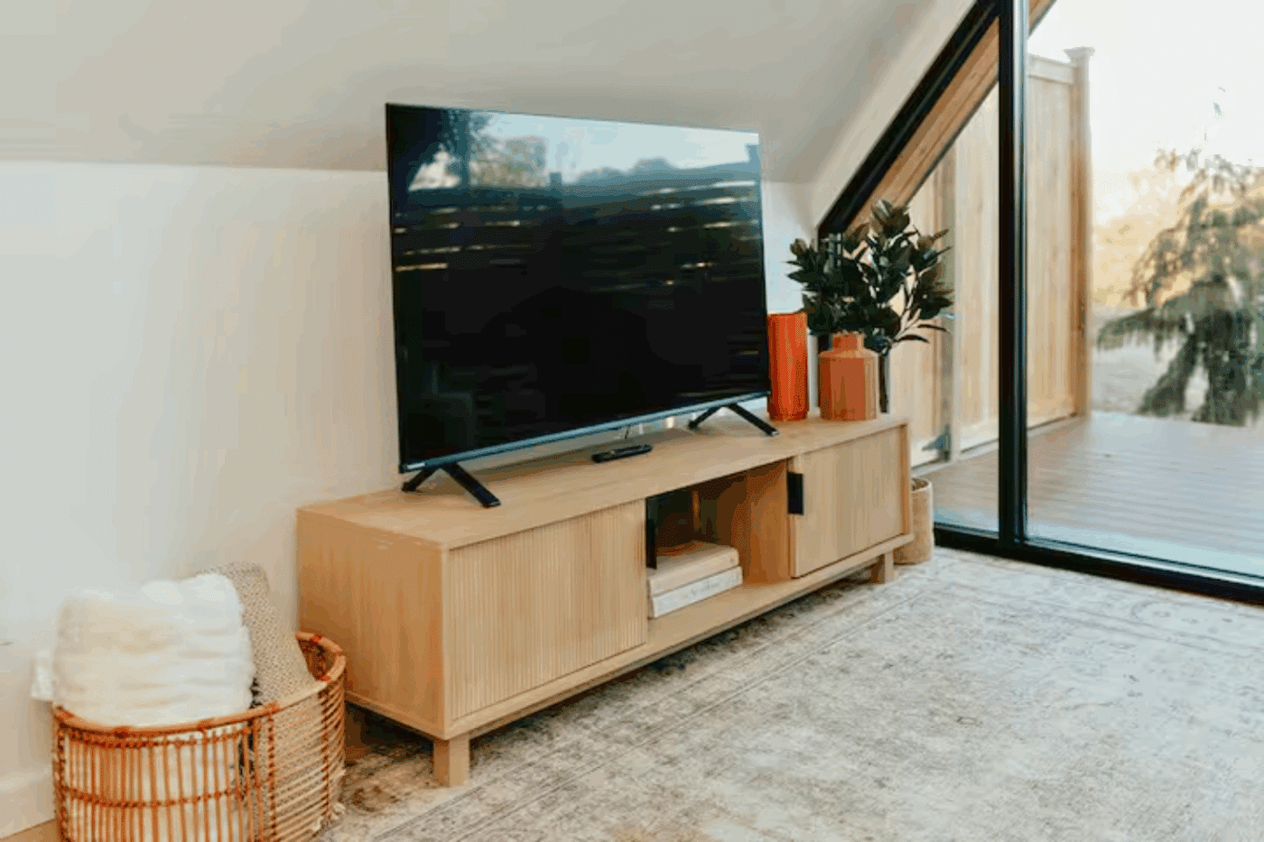 Livingroom layout of park model a frame in park model tiny home built by Psy Homes