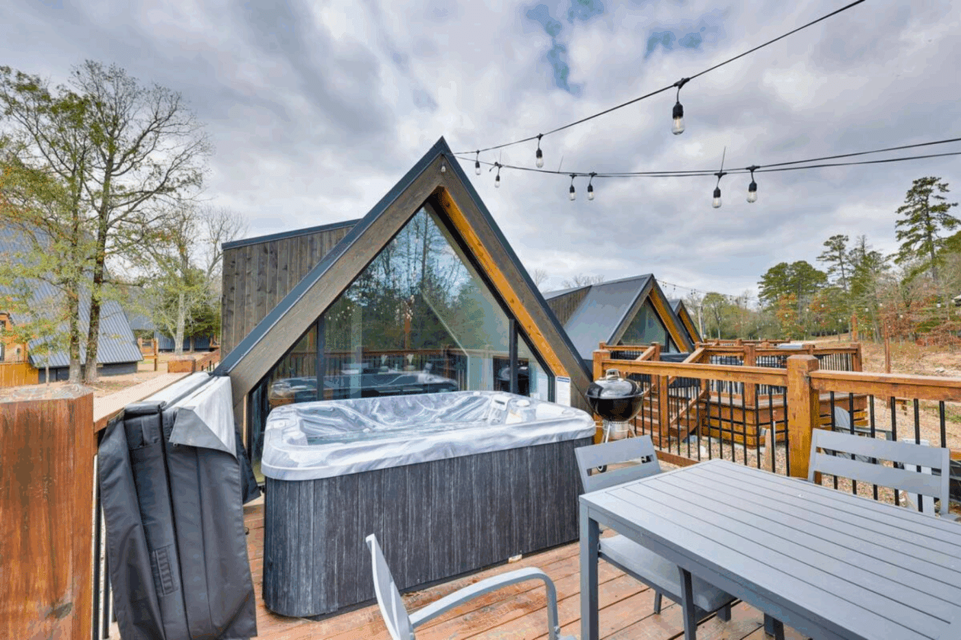 outdoor hospitality area of Rabbit A frame park model tiny home in Broken Bow Ok