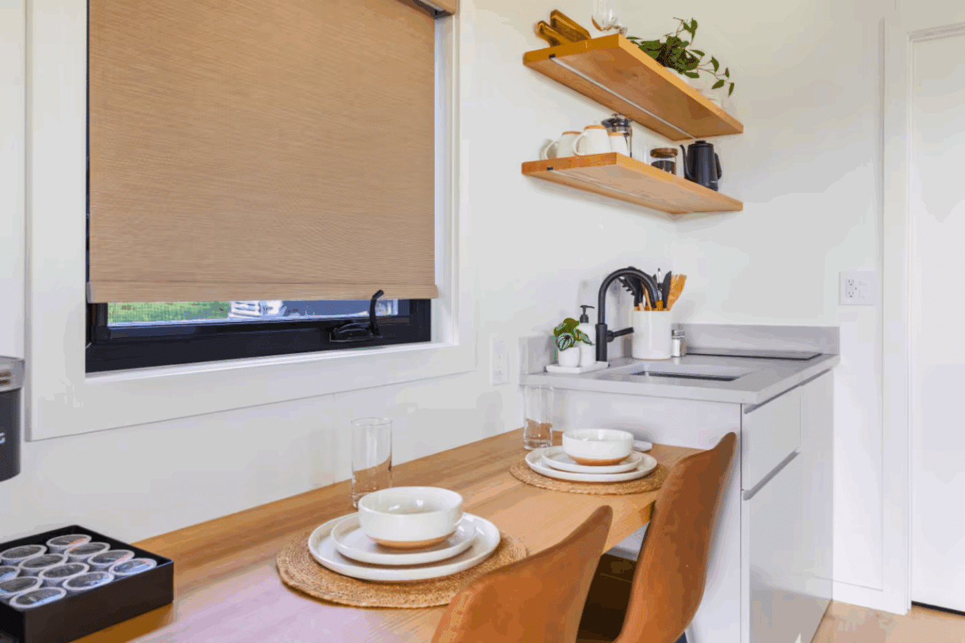 Dining and cooking area of A frame Studio Park Model Tiny home in Shippenville Pa