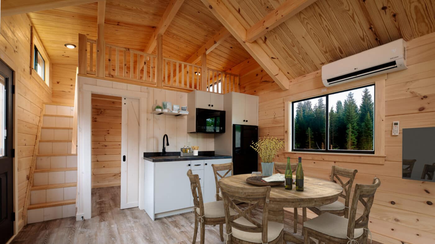 A park model with lots of tiny living ideas for a loft.