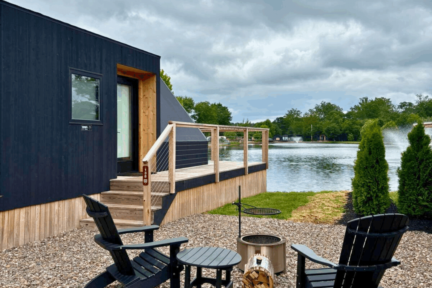 Outdoor Hospitality area of Psy Homes A frame studio park model tiny home 138 at Red Run Resort in New Holland Pa