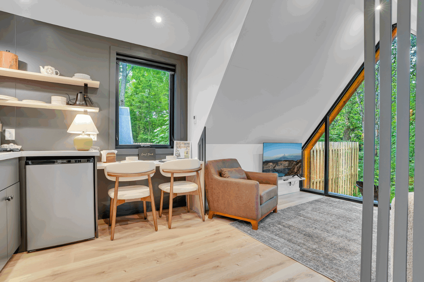 livingroom of aframe park model tny home in alexandria pa