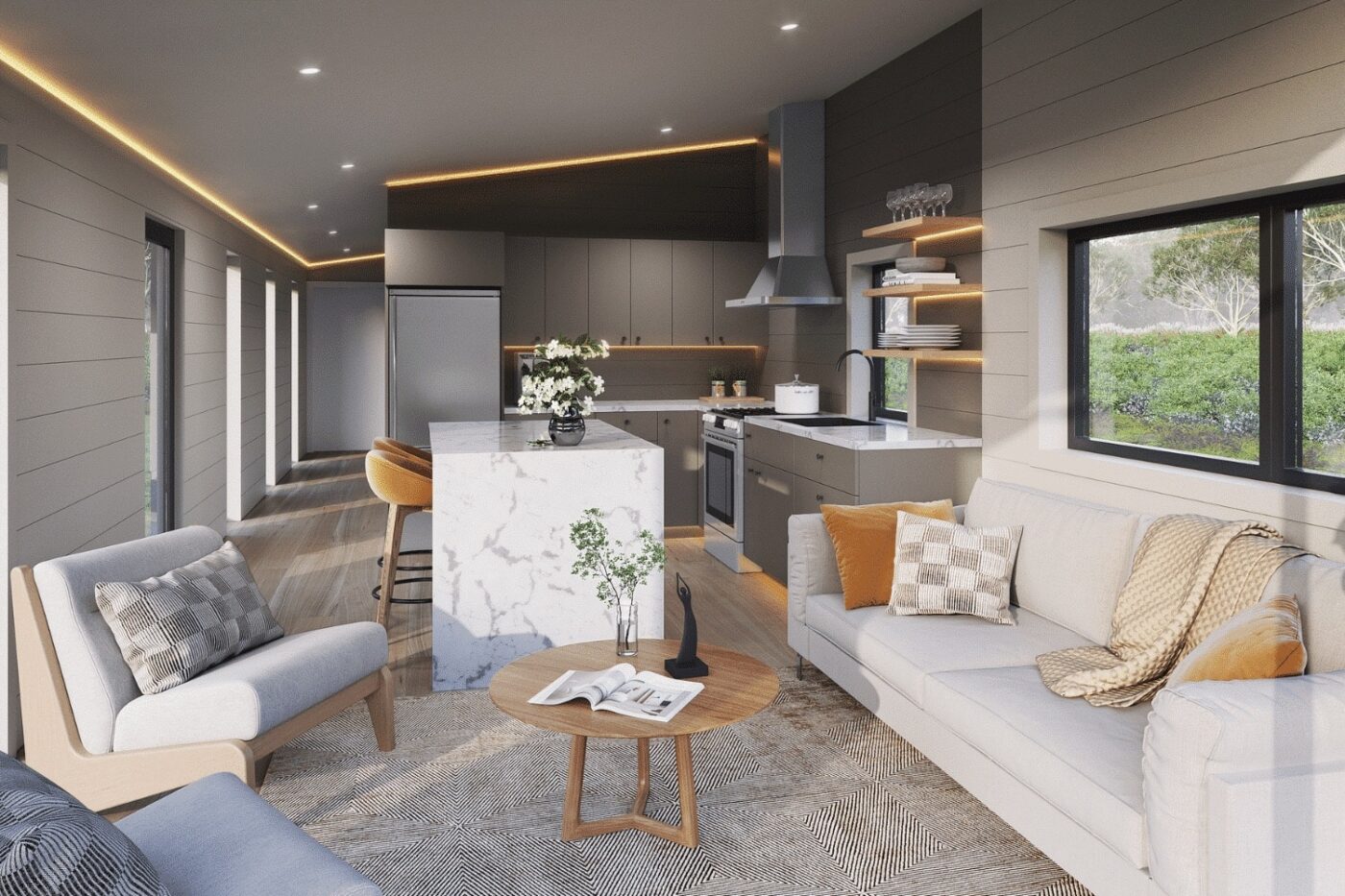 Contemporary tiny home living room and kitchen with marble island, modern cabinetry, and comfortable seating.