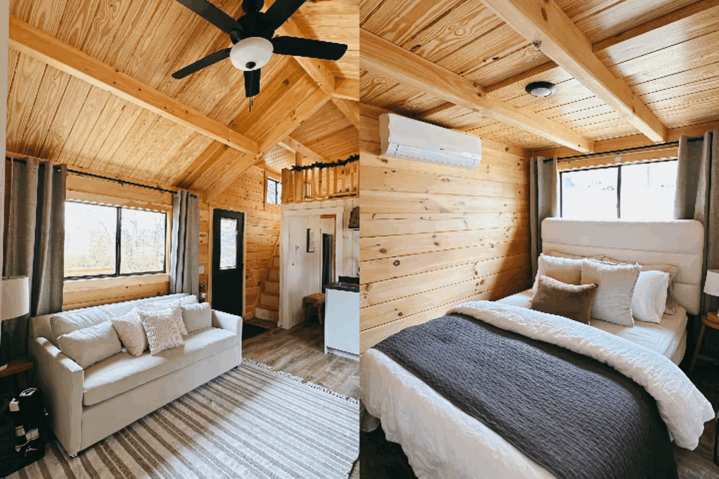 Living room and main bedroom in park model tiny home in Harrison Arkansas in Zook CAbins