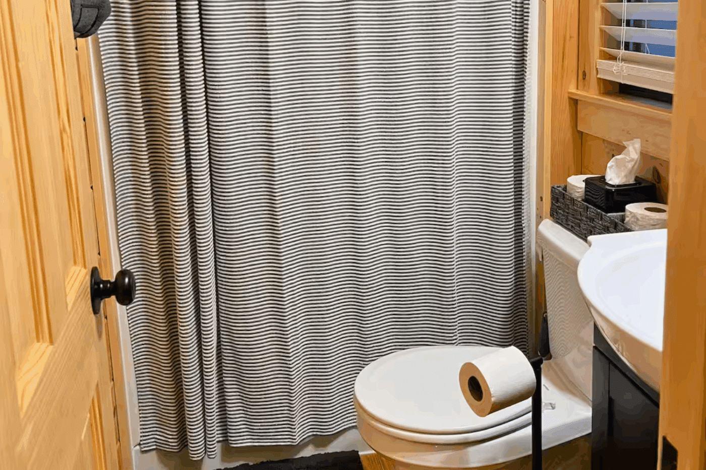 Bathroom in pinecrest park model tiny home located in fallen timber pa built and designed by Psy Homes