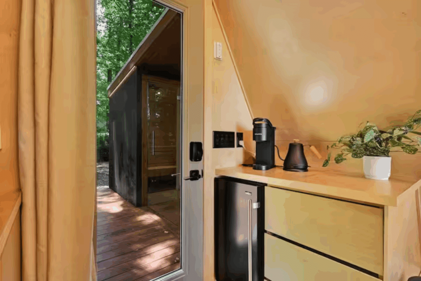 kitchenette area of vista glamping pod built and designed by Psy Homes