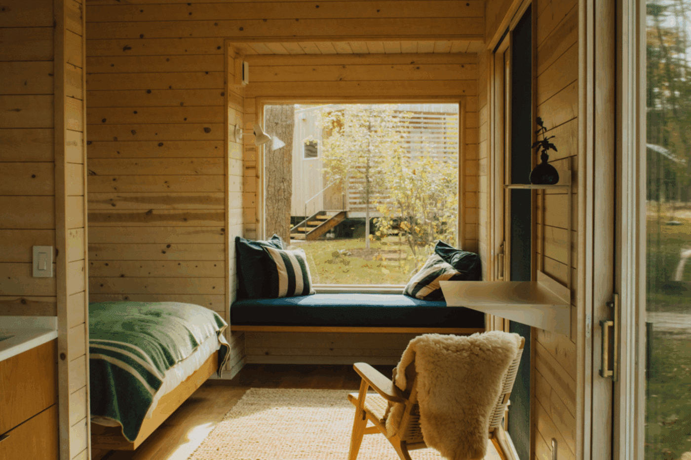 reading nook in custom built Zook cabin tiny home for prospect berkshires in Mass