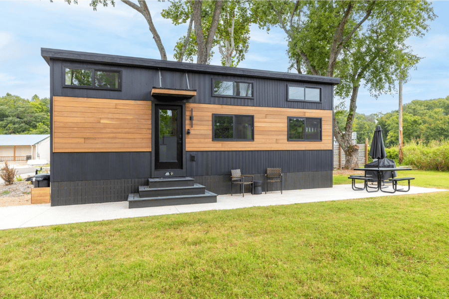 cascade park model tiny homes for sale in California on concrete pad with wood paneling