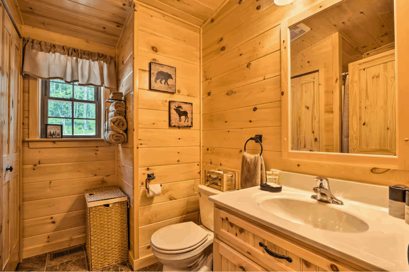 secondary bathroom of Frontier modular log cabin in Hardy County West Virginia