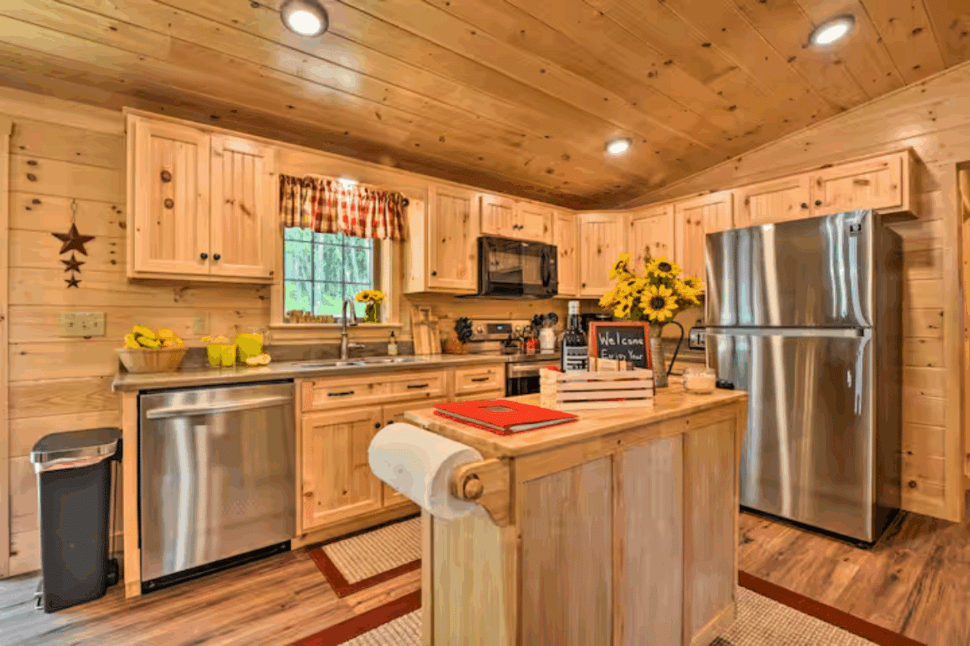 Frontier log cabin built and designed by Zook cabins with large kitchen