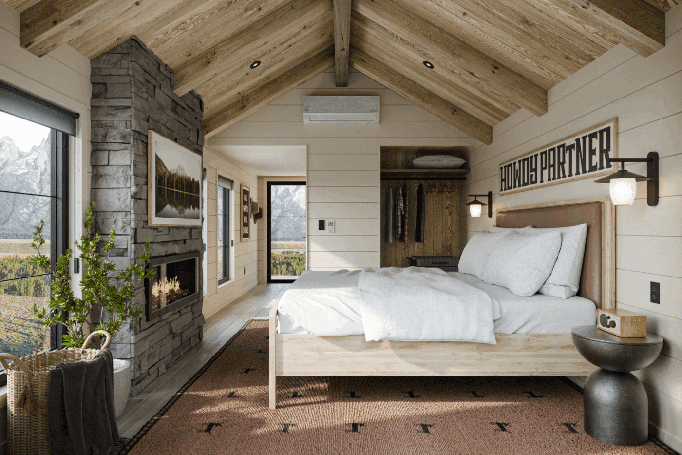 Yukon park model tiny home bedroom with closet and mini split for heating and air conditioning