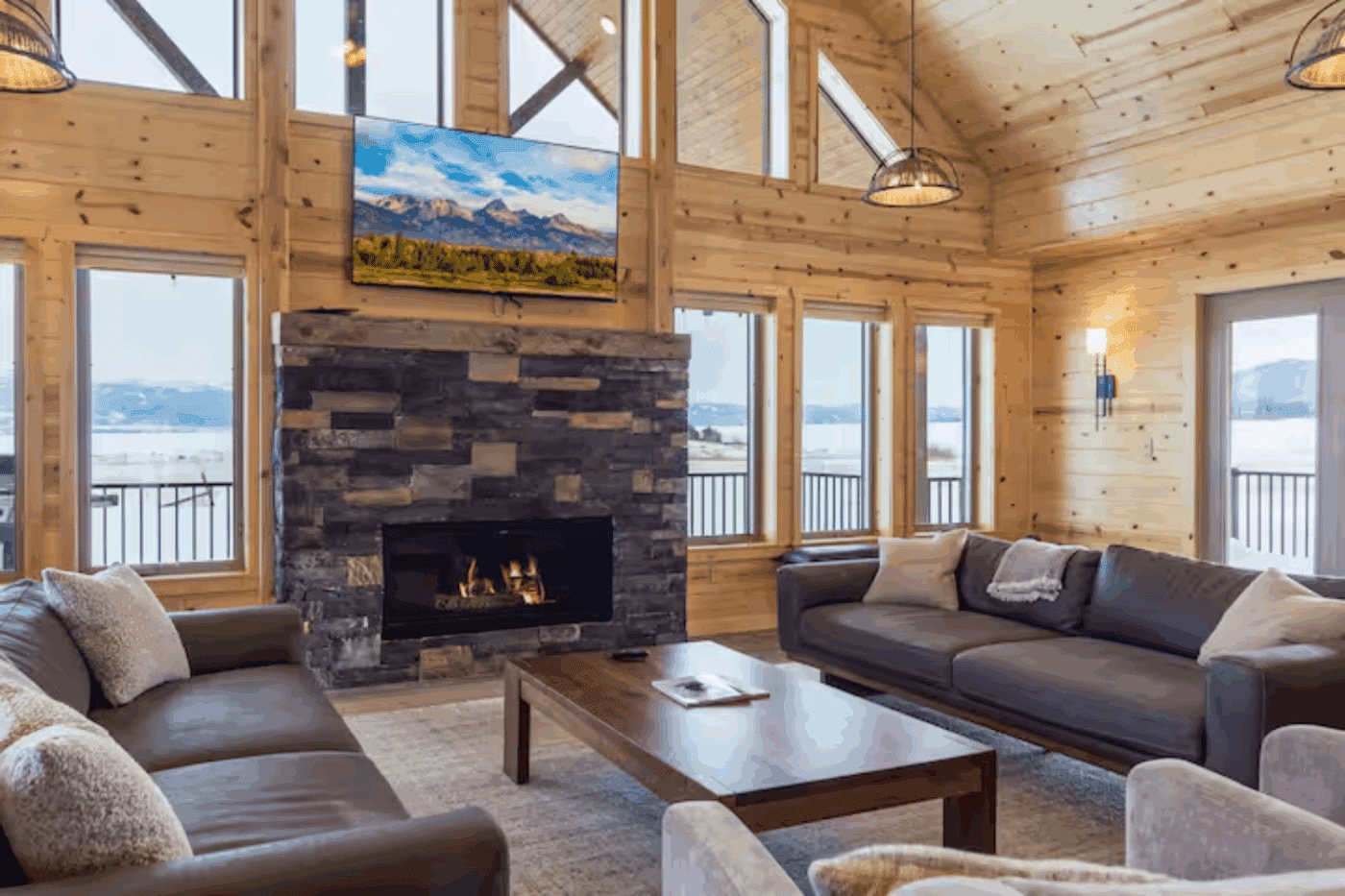 Large living room of in canyon lodge in Driggs Idaho