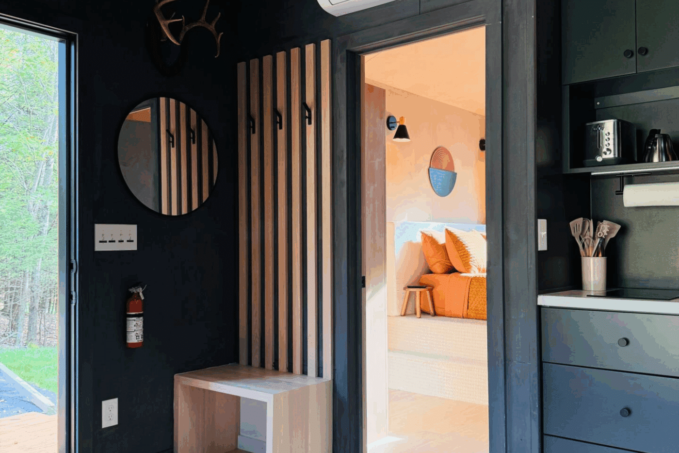 A Frame park model in Saugerties NY with cozy walk in entry way built and designed by Psy Homes