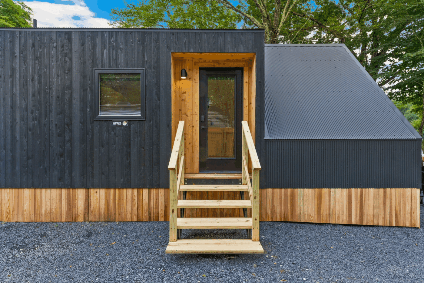 entry of Rushing water 2 A frame studio park model tiny home in Pond Eddy New York at The Outpost Resort
